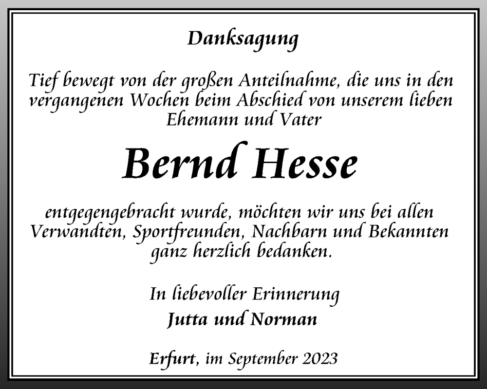  Traueranzeige für Bernd Hesse vom 09.09.2023 aus Thüringer Allgemeine, Thüringische Landeszeitung