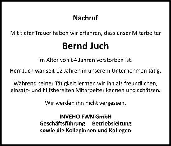 Traueranzeige von Bernd Juch von Thüringer Allgemeine