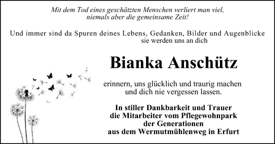 Traueranzeige von Bianka Anschütz