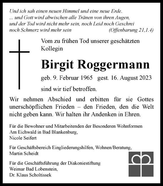 Traueranzeige von Birgit Roggermann von Ostthüringer Zeitung