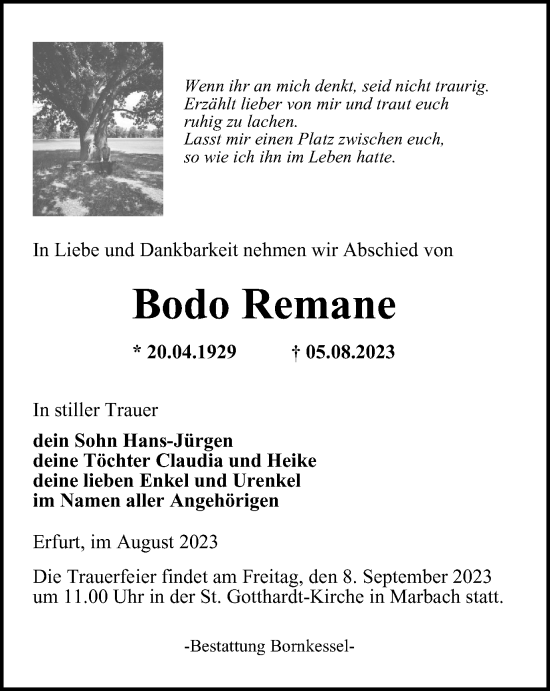 Traueranzeige von Bodo Remane