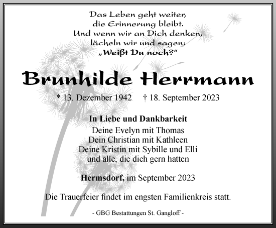 Traueranzeige von Brunhilde Herrmann von Ostthüringer Zeitung