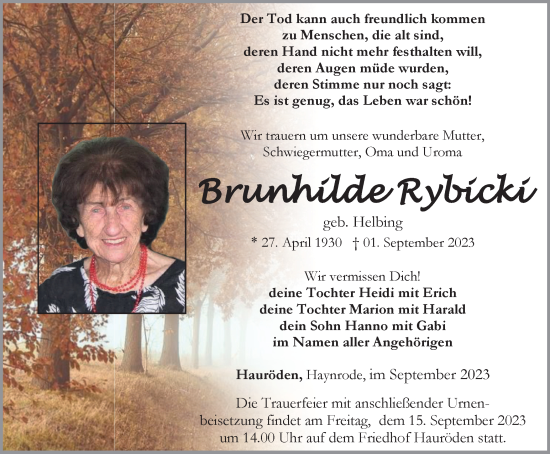 Traueranzeige von Brunhilde Rybicki von Thüringer Allgemeine