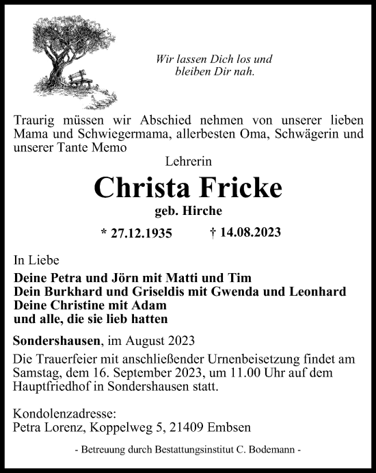 Traueranzeige von Christa Fricke