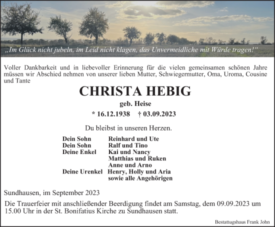 Traueranzeige von Christa Hebig von Thüringer Allgemeine, Thüringische Landeszeitung