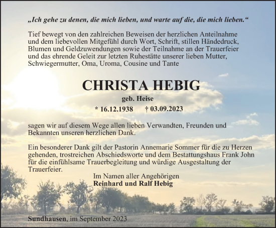 Traueranzeige von Christa Hebig von Thüringer Allgemeine, Thüringische Landeszeitung