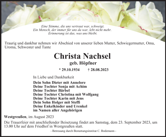 Traueranzeige von Christa Nachsel