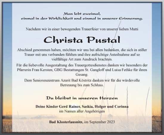 Traueranzeige von Christa Pustal von Ostthüringer Zeitung