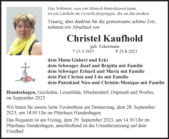 Traueranzeige von Christel Kaufhold von Thüringer Allgemeine