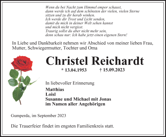 Traueranzeige von Christel Reichardt von Ostthüringer Zeitung, Thüringische Landeszeitung