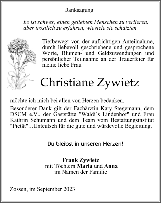 Traueranzeige von Christiane Zywietz von Ostthüringer Zeitung