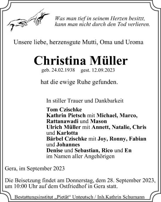 Traueranzeige von Christina Müller von Ostthüringer Zeitung