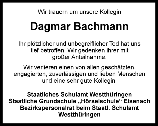 Traueranzeige von Dagmar Bachmann von Thüringer Allgemeine, Thüringische Landeszeitung
