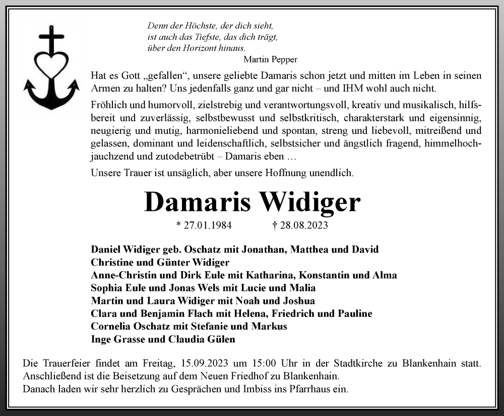  Traueranzeige für Damaris Widiger vom 09.09.2023 aus Thüringer Allgemeine, Thüringische Landeszeitung