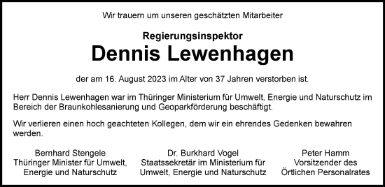 Traueranzeige von Dennis Lewenhagen von Thüringer Allgemeine, Thüringische Landeszeitung