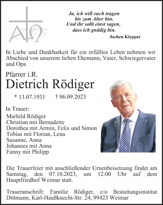 Traueranzeige von Dietrich Rödiger von Thüringer Allgemeine