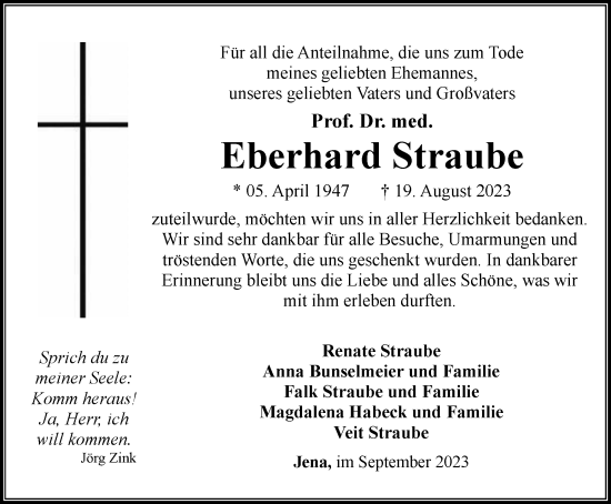 Traueranzeige von Eberhard Straube von Ostthüringer Zeitung, Thüringische Landeszeitung