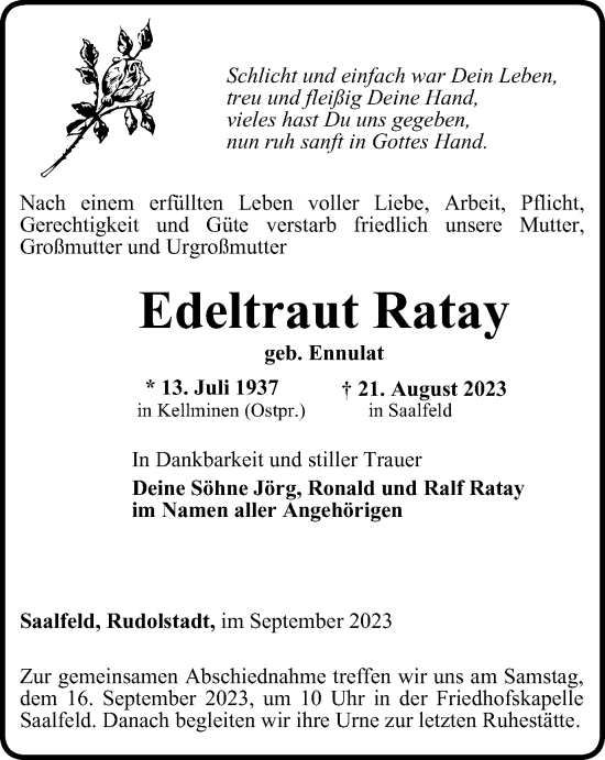 Traueranzeige von Edeltraut Ratay von Ostthüringer Zeitung