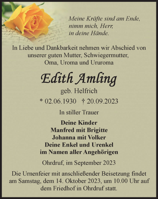 Traueranzeige von Edith Amling von Thüringer Allgemeine, Thüringische Landeszeitung