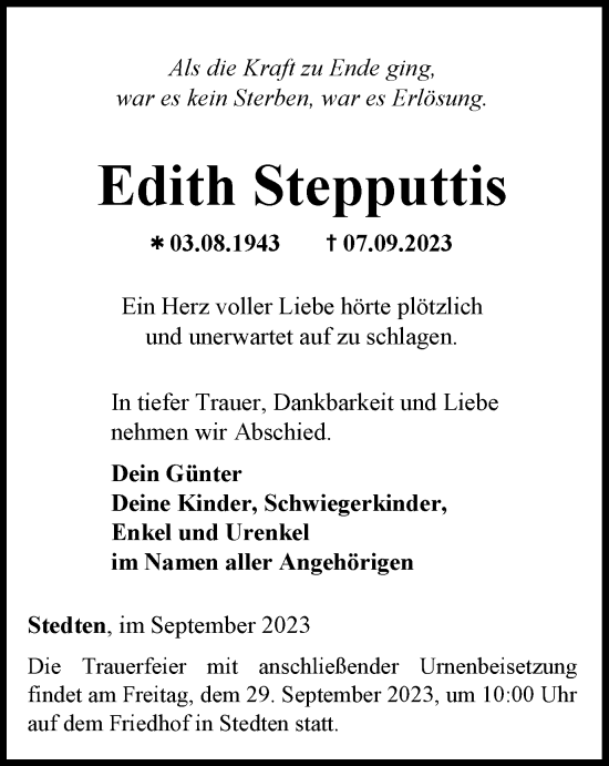 Traueranzeige von Edith Stepputtis von Thüringer Allgemeine, Thüringische Landeszeitung