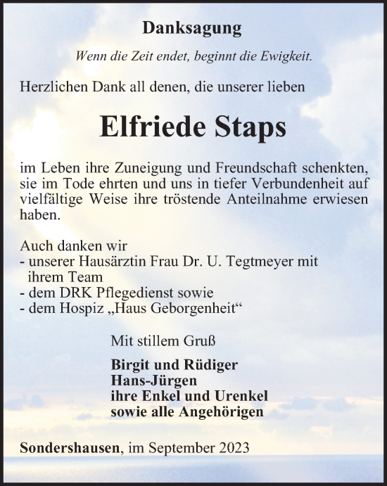 Traueranzeige von Elfriede Staps