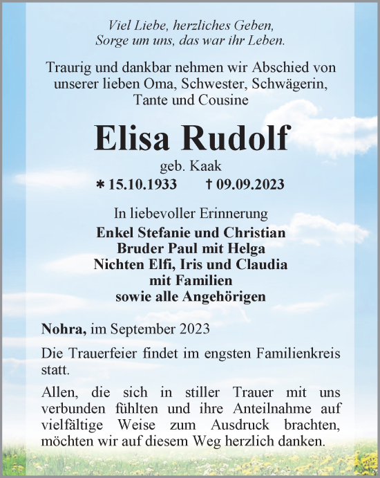 Traueranzeige von Elisa Rudolf von Thüringer Allgemeine, Thüringische Landeszeitung