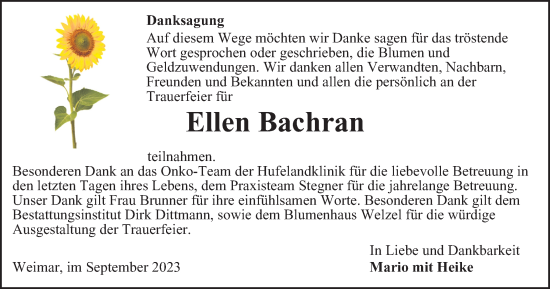 Traueranzeige von Ellen Bachran von Thüringer Allgemeine, Thüringische Landeszeitung
