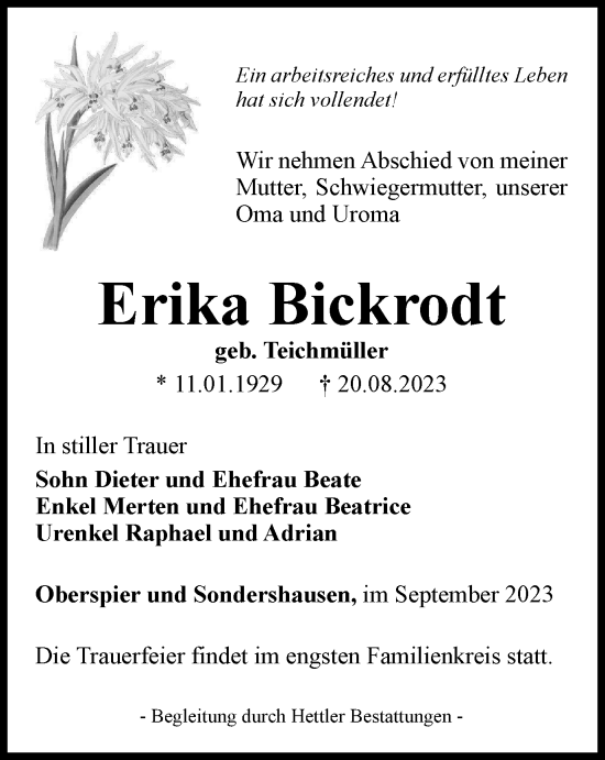 Traueranzeige von Erika Bickrodt von Thüringer Allgemeine