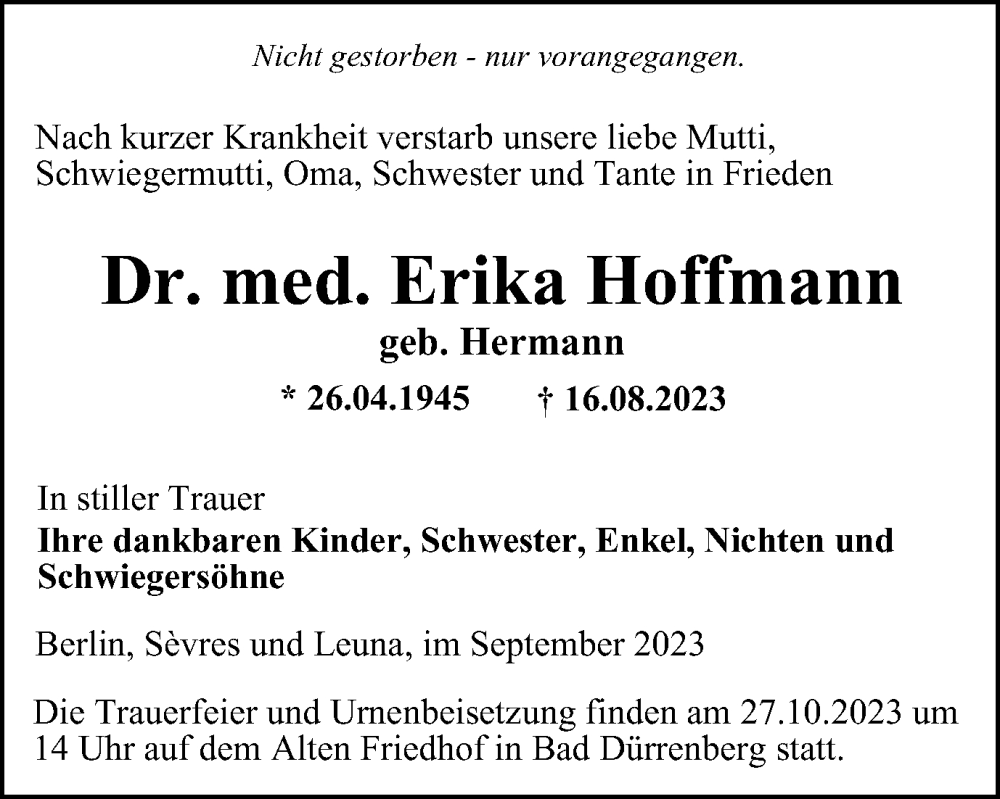  Traueranzeige für Dr. Erika Hoffmann vom 16.09.2023 aus Thüringer Allgemeine, Thüringische Landeszeitung