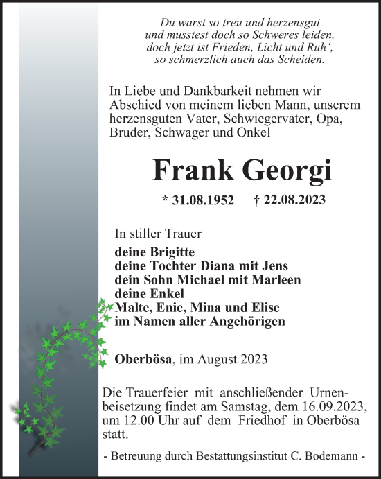 Traueranzeige von Frank Georgi