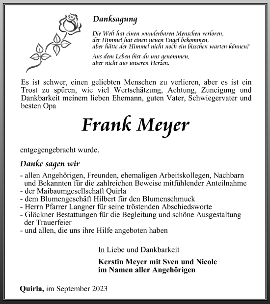 Traueranzeige von Frank Meyer von Ostthüringer Zeitung