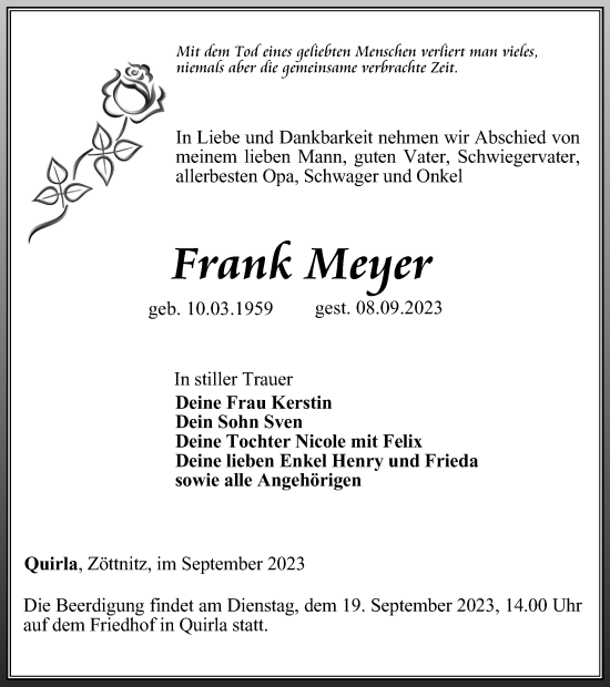 Traueranzeige von Frank Meyer von Ostthüringer Zeitung