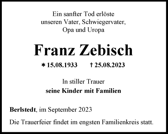 Traueranzeige von Franz Zebisch von Thüringer Allgemeine, Thüringische Landeszeitung