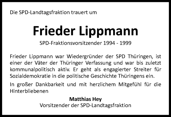 Traueranzeige von Frieder Lippmann von Ostthüringer Zeitung