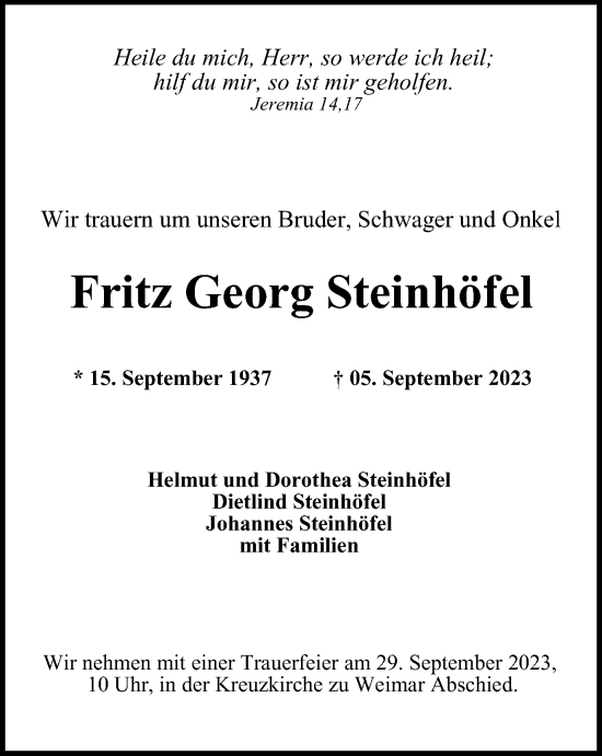 Traueranzeige von Fritz Georg Steinhöfel von Thüringer Allgemeine, Thüringische Landeszeitung