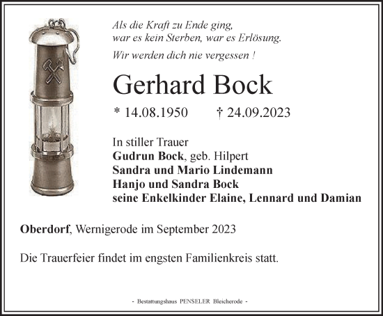 Traueranzeige von Gerhard Bock von Thüringer Allgemeine