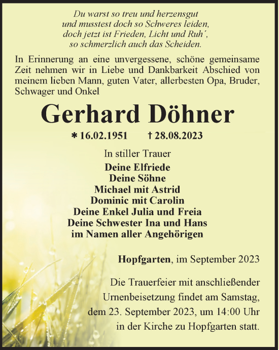 Traueranzeige von Gerhard Döhner von Thüringer Allgemeine, Thüringische Landeszeitung