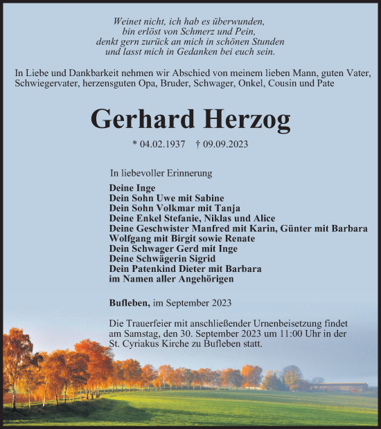 Traueranzeige von Gerhard Herzog von Thüringer Allgemeine, Thüringische Landeszeitung
