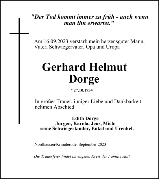 Traueranzeige von Gerhard Helmut Dorge von Thüringer Allgemeine