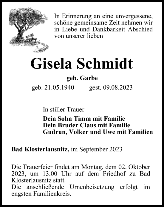 Traueranzeige von Gisela Schmidt von Ostthüringer Zeitung