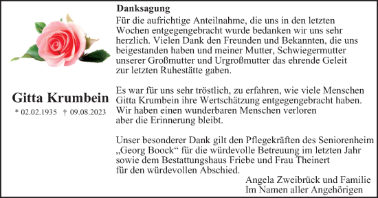 Traueranzeige von Gitta Krumbein von Thüringer Allgemeine, Thüringische Landeszeitung