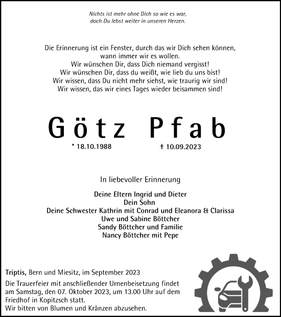 Traueranzeige von Götz Pfab