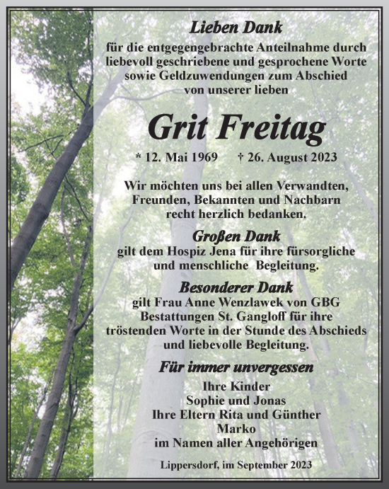 Traueranzeige von Grit Freitag von Ostthüringer Zeitung