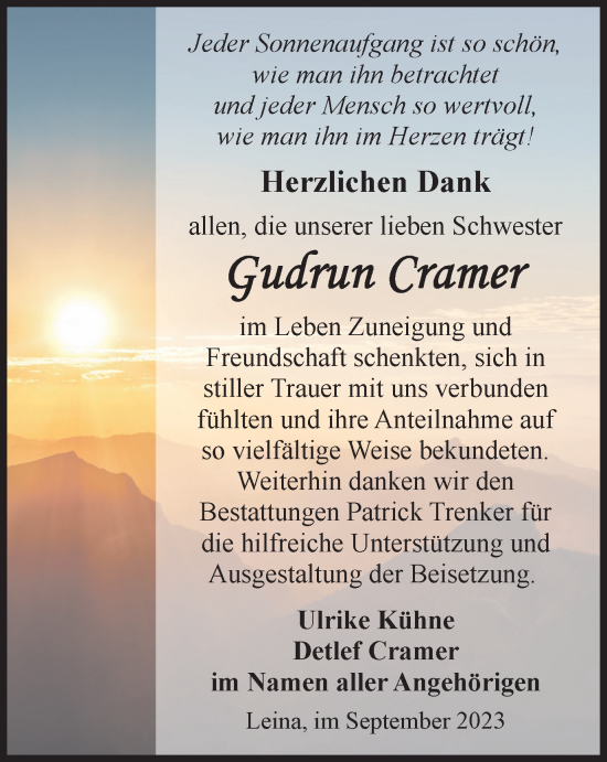 Traueranzeige von Gudrun Cramer von Thüringer Allgemeine, Thüringische Landeszeitung