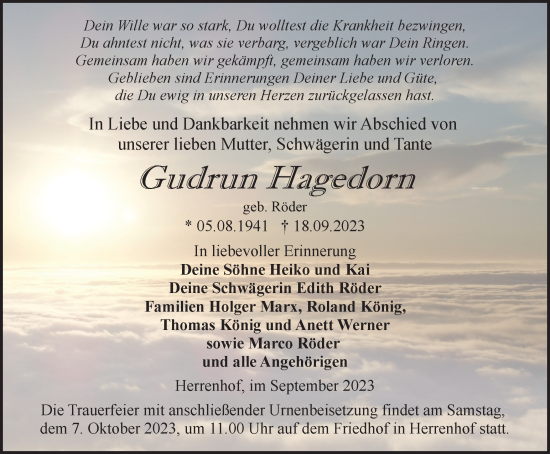 Traueranzeige von Gudrun Hagedorn von Thüringer Allgemeine, Thüringische Landeszeitung