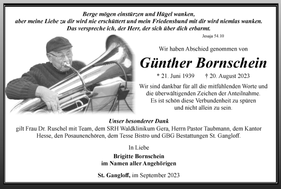 Traueranzeige von Günther Bornschein von Ostthüringer Zeitung
