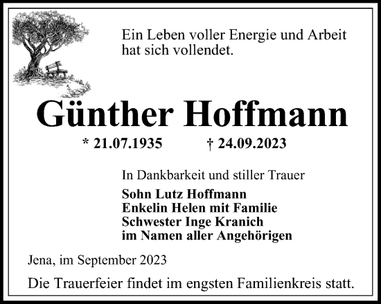 Traueranzeige von Günther Hoffmann von Ostthüringer Zeitung, Thüringische Landeszeitung