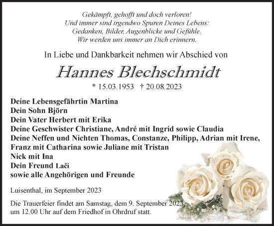 Traueranzeige von Hannes Blechschmidt von Thüringer Allgemeine, Thüringische Landeszeitung