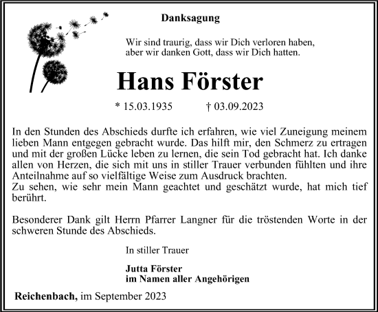 Traueranzeige von Hans Förster von Ostthüringer Zeitung