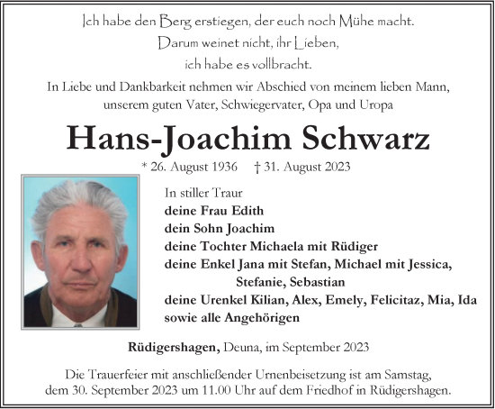 Traueranzeige von Hans-Joachim Schwarz von Thüringer Allgemeine